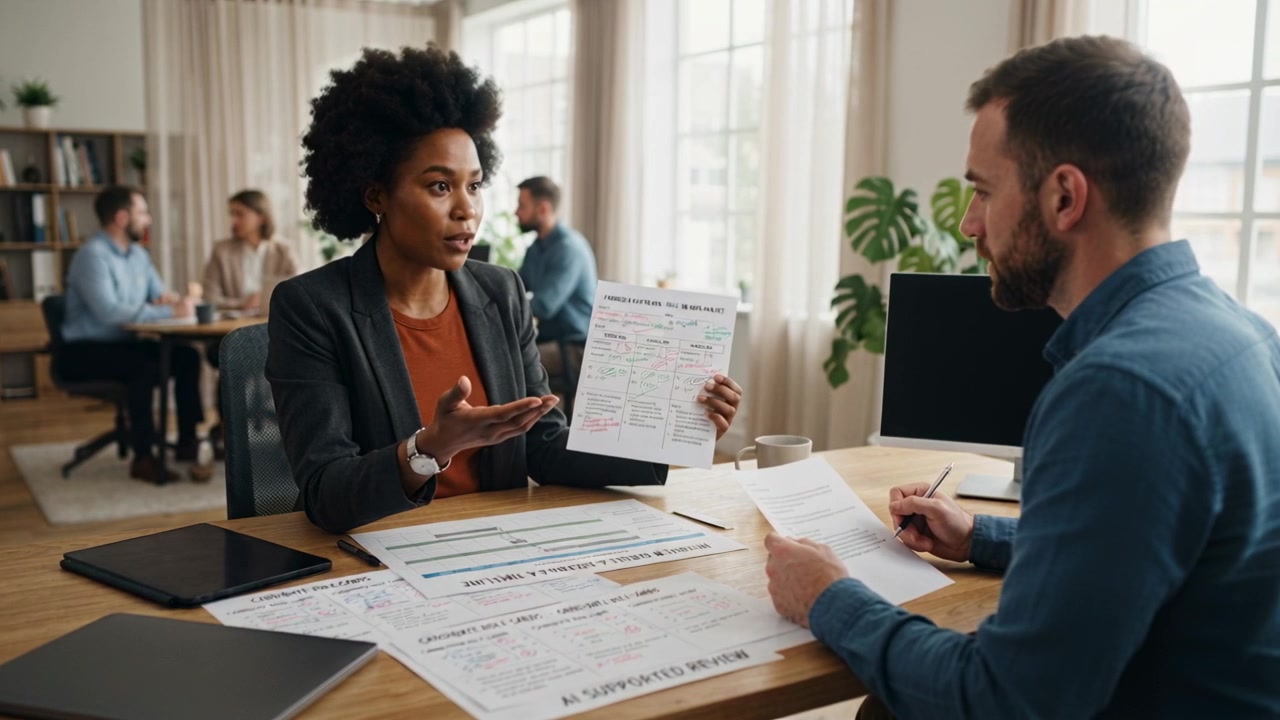 Holding up printed page, woman in dark blazer presenting findings at shared office, man annotating