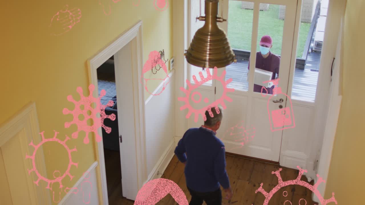 얼굴 마스크를 쓰고 있는 고위 백인 남성 위의 바이러스 아이콘의 애니메이션