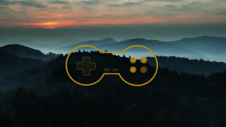 Animation of game controller on mountain sunset scenery