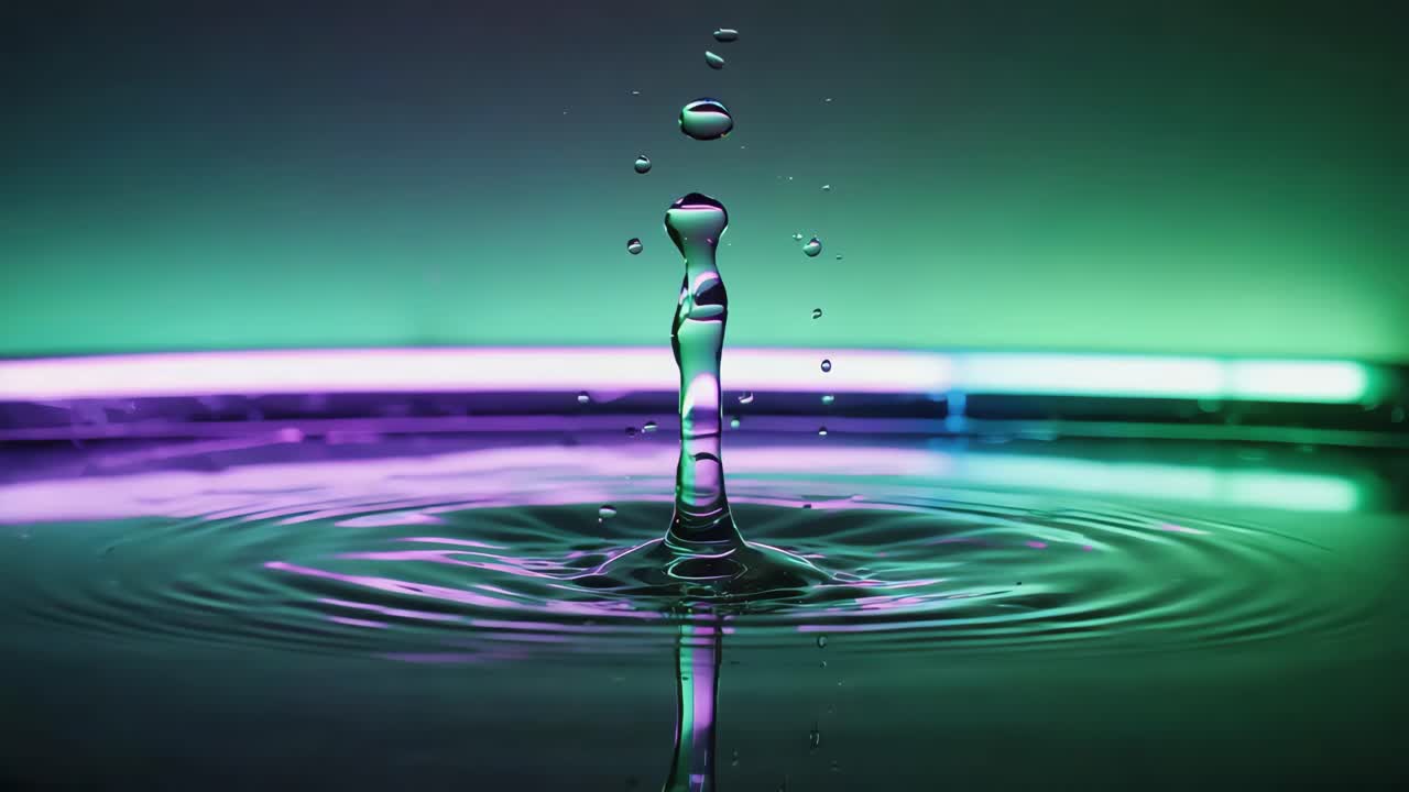 Water drop creating ripples on a smooth surface with vibrant light