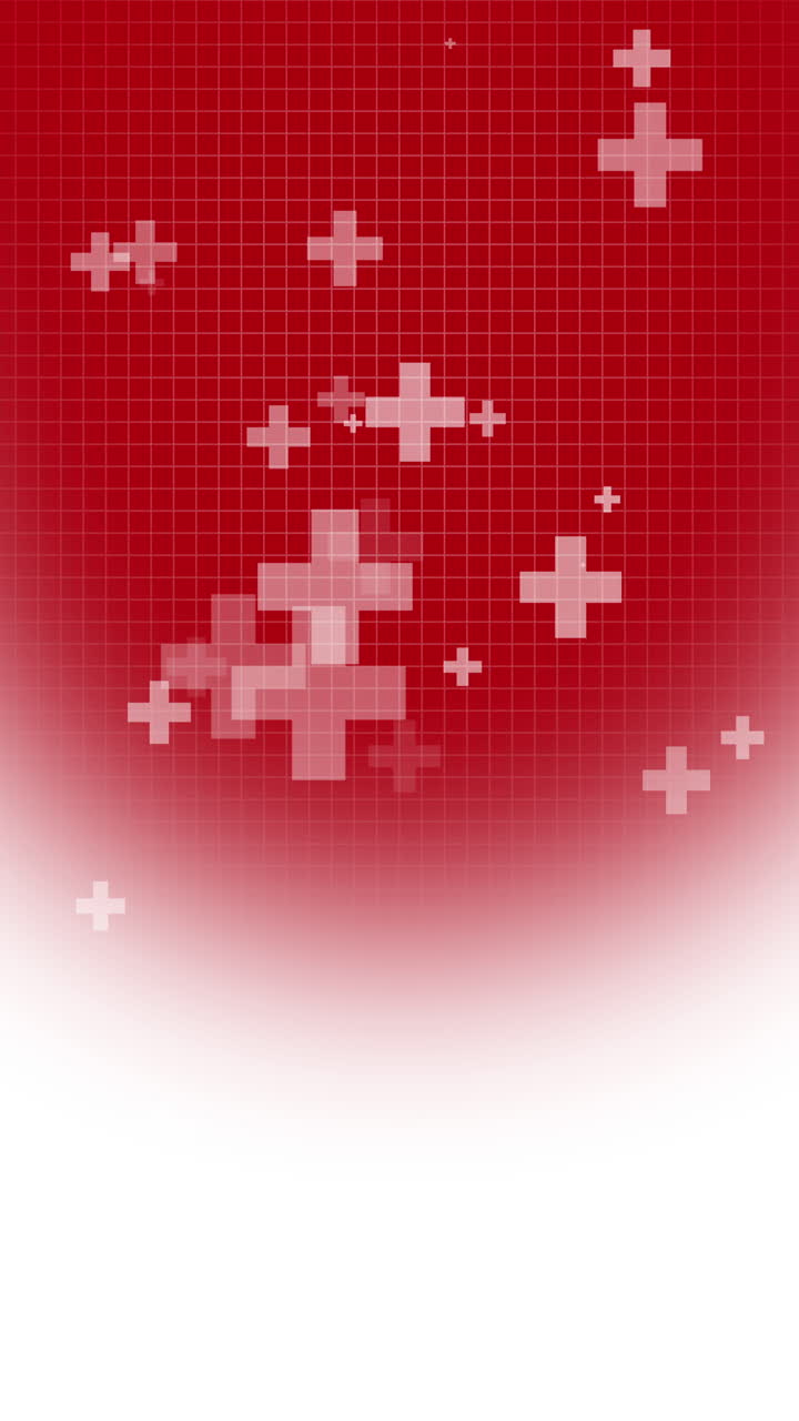 Medical cross and plus red background. Abstract loop animated border for hospital healthcare and pharmacy. Copy space. Vertical video.