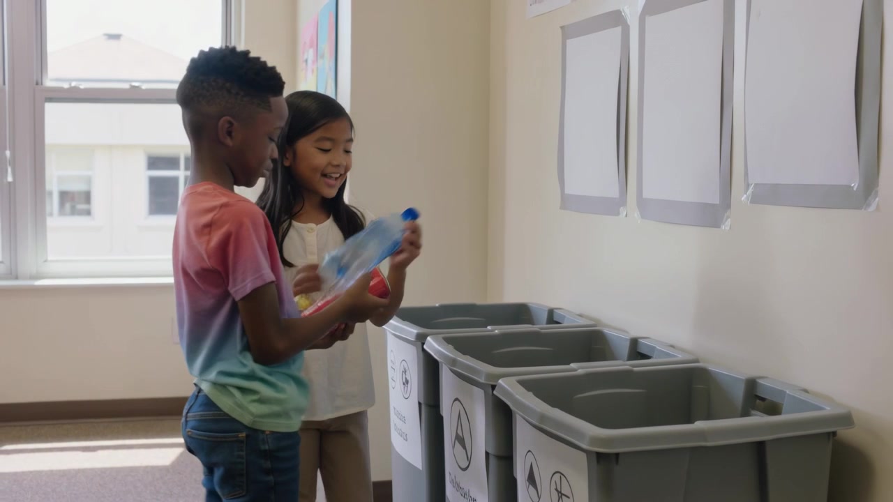Inspecting labels, students in tie-dye and white tops sorting bottles into school recycling bins
