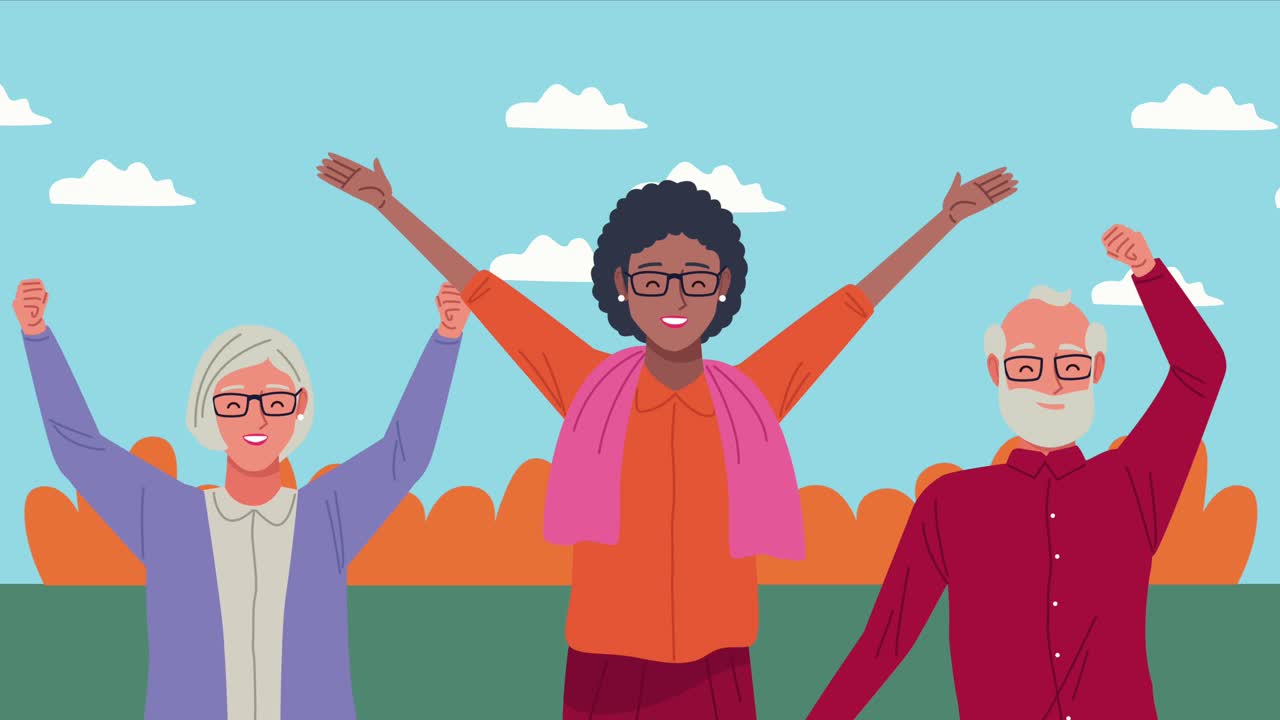 happy interracial old people celebrating animation characters