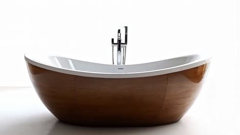 modern wooden freestanding bathtub with chrome faucet