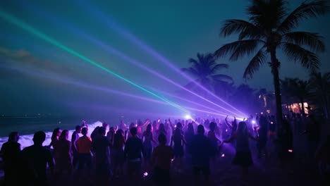 beach party crowd experiencing vibrant nighttime celebration, dancing under colorful laser lights with energetic music creating electric atmosphere near tropical shoreline