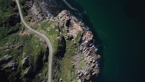 toma aérea de arriba hacia abajo de una estrecha y peligrosa carretera noruega a lo largo de la costa en un día soleado