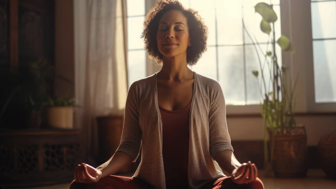 A serene video scene of a woman meditating in a sunlit room, captured from a front angle