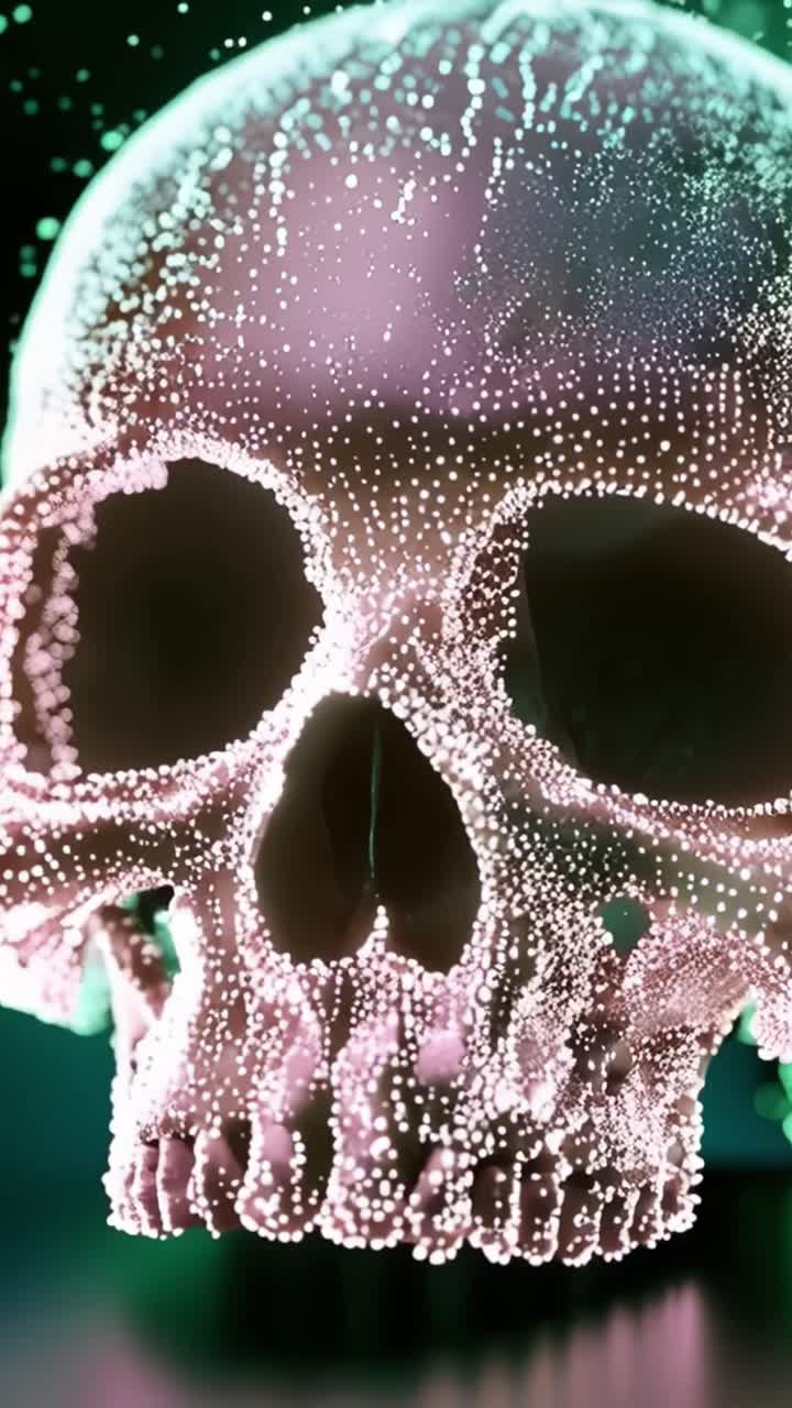 Un'affascinante esplorazione visiva di un teschio splendidamente texturizzato illuminato da luce eterea, che mostra dettagli intricati ed effetti di particelle ipnotizzanti.