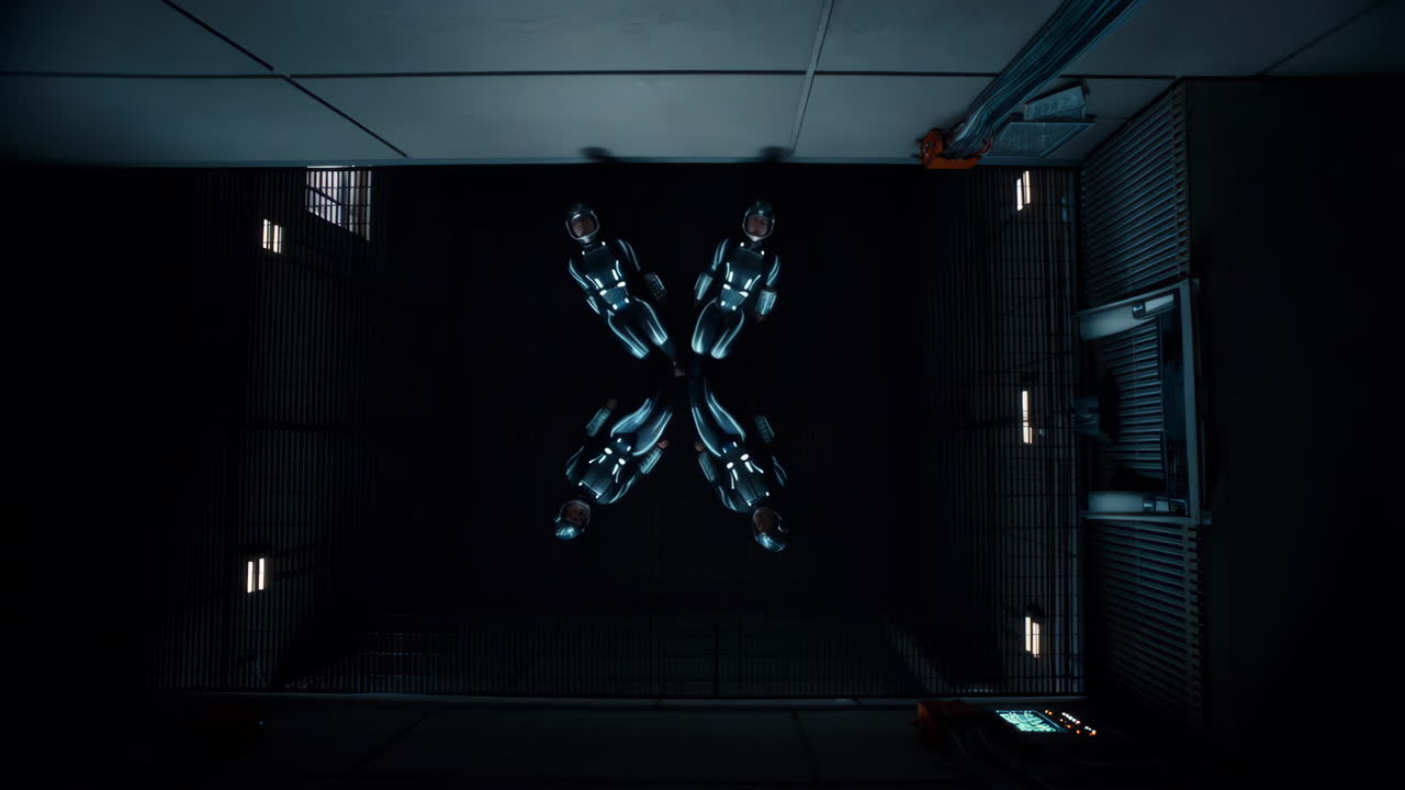 Overhead View of Futuristic Figures in Luminous Suits