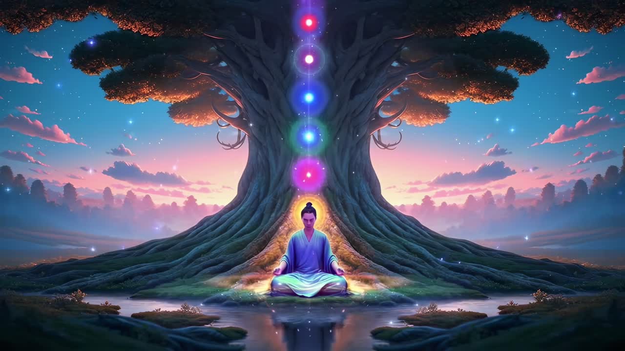 Scena video mistica di una figura in meditazione sotto un albero con chakra, vista dal basso.