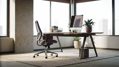 modern office space featuring a minimalist desk and ergonomic chair, bathed in natural light with a view of cityscape in the background