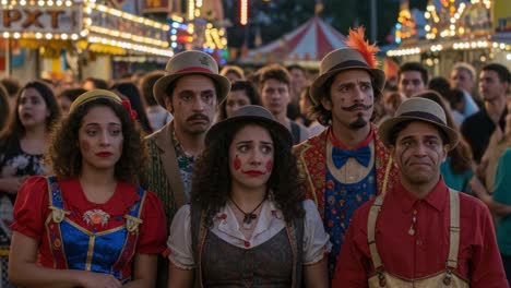 a group of performing clowns at a colorful festival, capturing the joy and excitement of a vibrant carnival atmosphere surrounded by enthusiastic crowds
