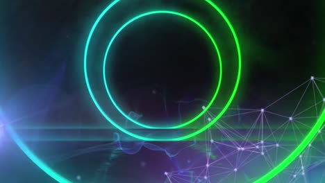 animación de formas circulares a través de una red de conexiones y ondas digitales contra un fondo negro