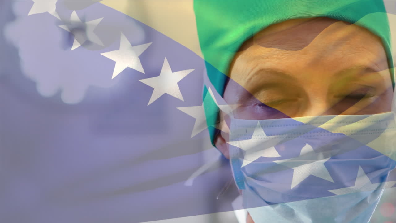 보스니아 헤르체고비나 발 위에 있는 애니메이션: 병원에서 수술 마스크를 입은 백인 여성 외과 의사