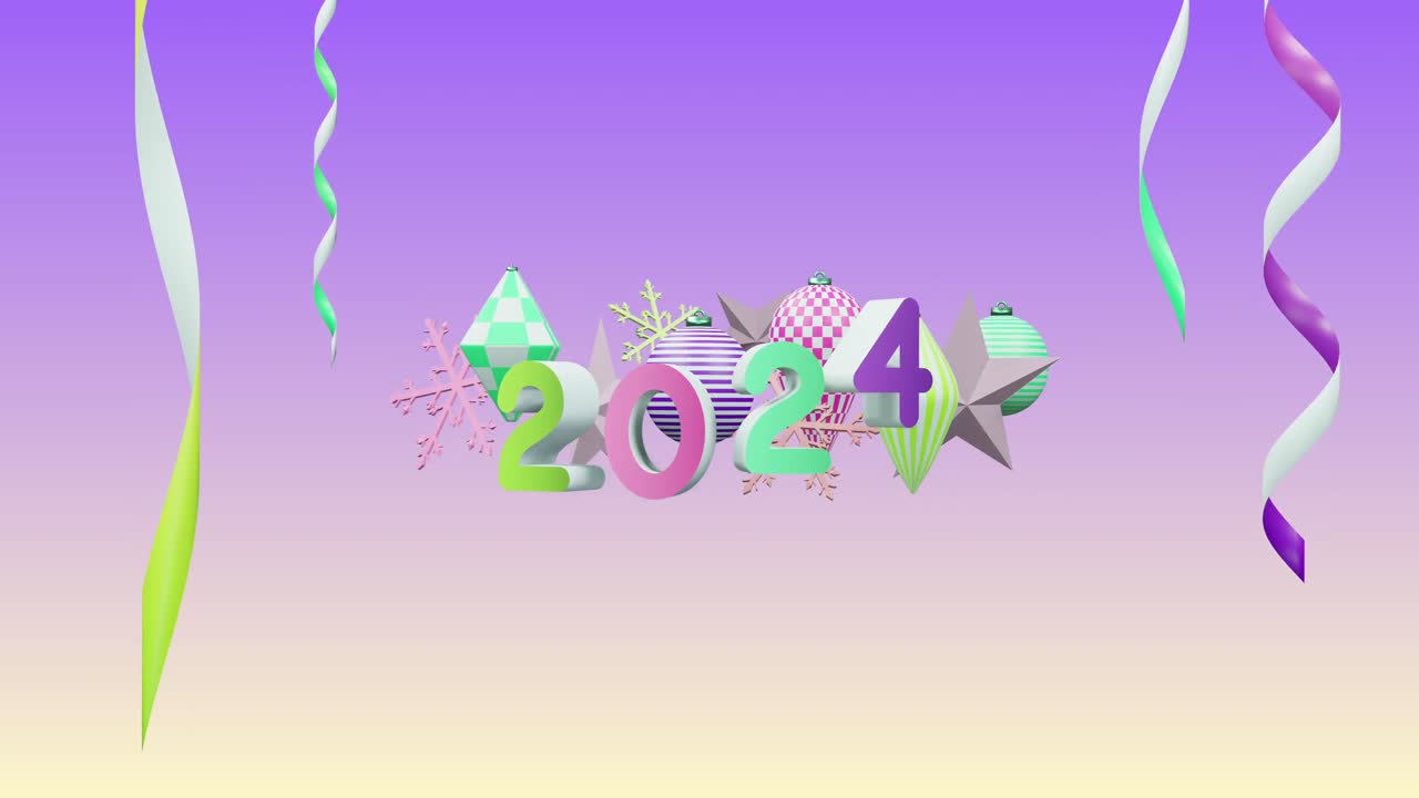 animación del número 2024 sobre el año nuevo y las decoraciones de navidad sobre fondo púrpura