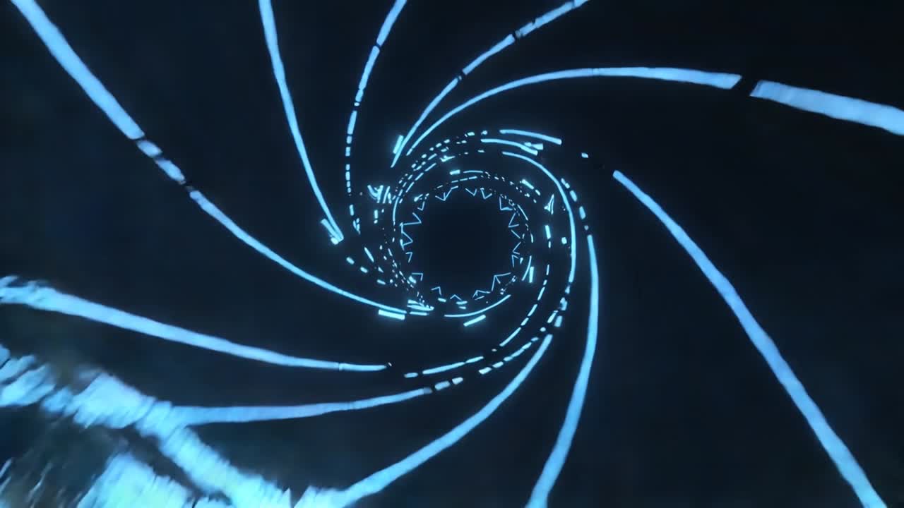 Gliding cyan tunnel forming spiral ribbons in void as camera moving, showing wireframe for speed