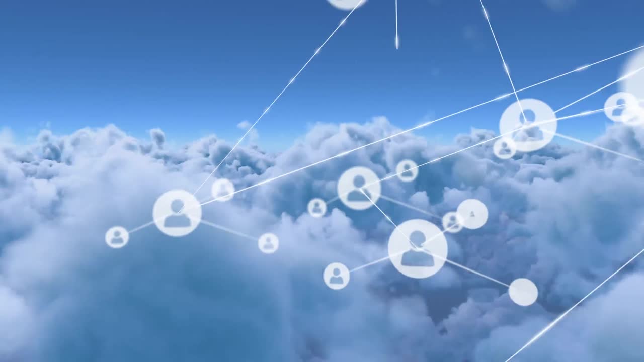 animación de la red de iconos de perfil contra las nubes en el cielo azul