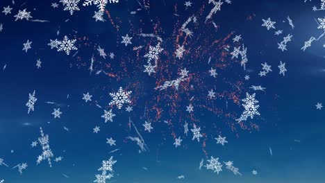 Animation-of-snow-falling-and-fireworks-over-blue-background