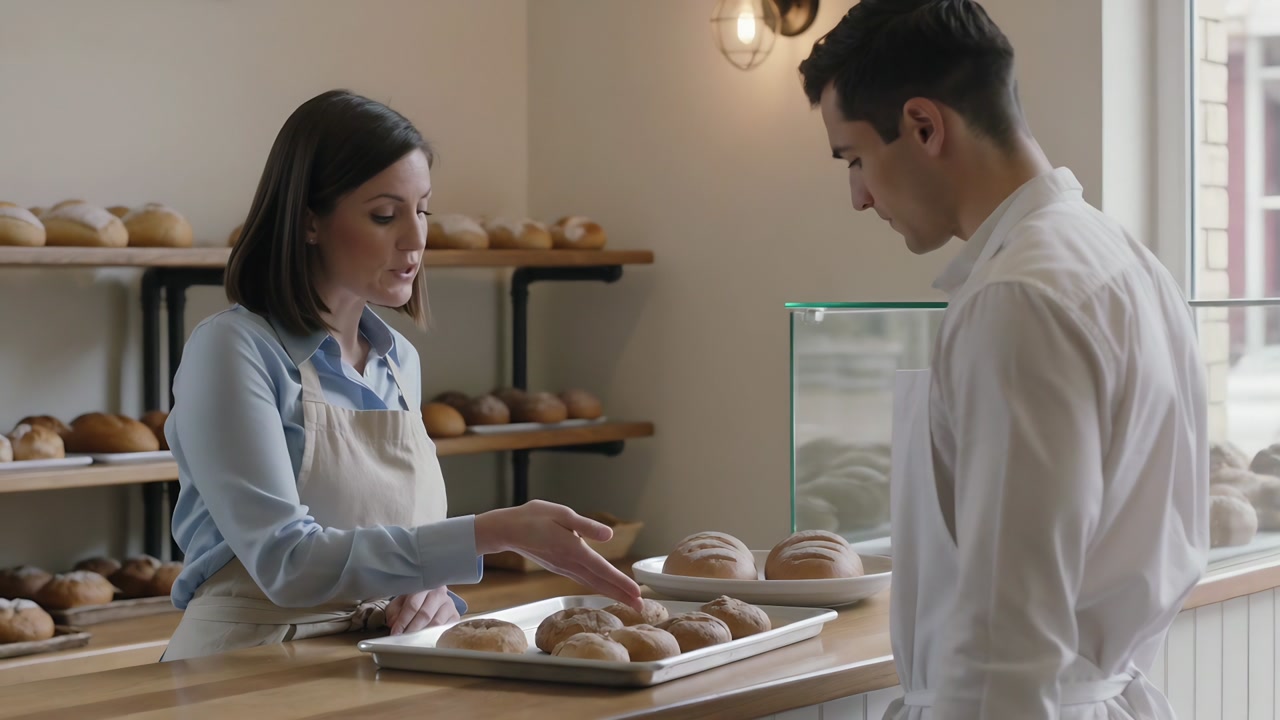 Leaning baker in apron explaining rolls at counter while coworker listening, confirming selection