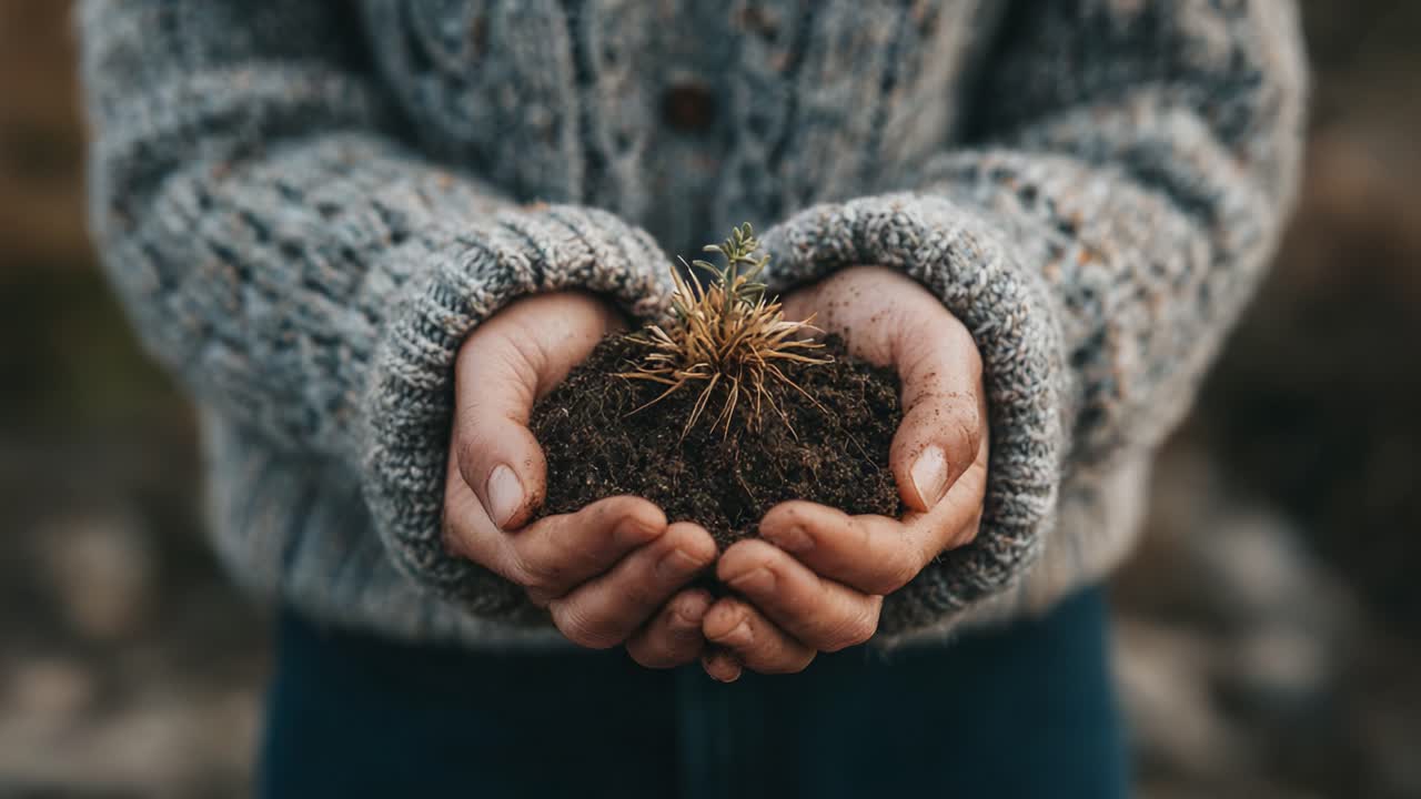 Nurturing Nature: A Close-Up Journey of Hands Holding a Young Plant in Soil, Symbolizing Growth, Sustainability, and Connection to Earth