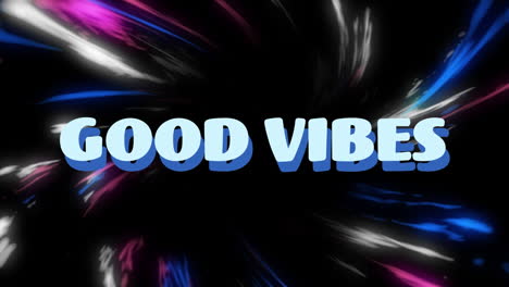 animación de un estandarte de texto de buenas vibraciones sobre ondas digitales azules y púrpuras contra un fondo negro