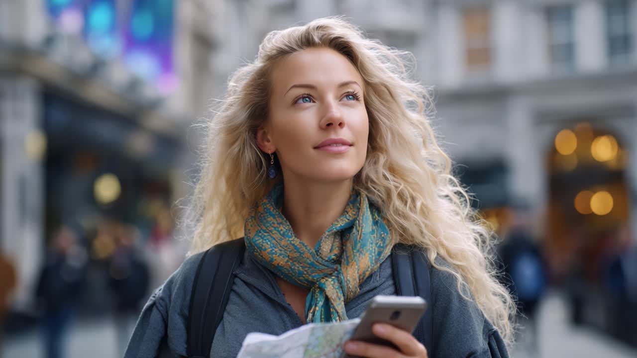 Viaggiatore curioso che esplora un vivace paesaggio urbano, con una mappa e uno smartphone in mano, mentre guarda verso l'alto con un senso di meraviglia e avventura