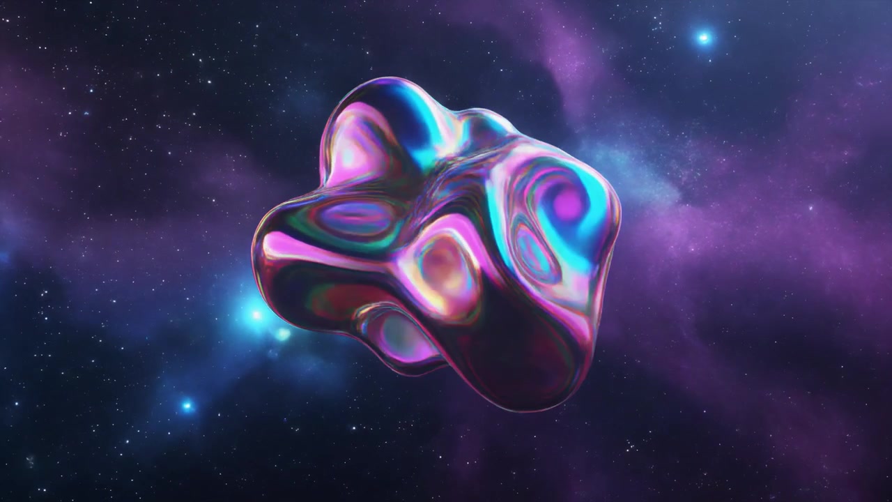 Esfera Iridiscente de Metal Líquido Flotando en una Nebulosa de Espacio Profundo