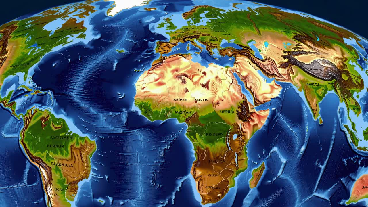 Aerial view of a 3D-rendered world map showcasing topography and ocean depths, ideal for educational