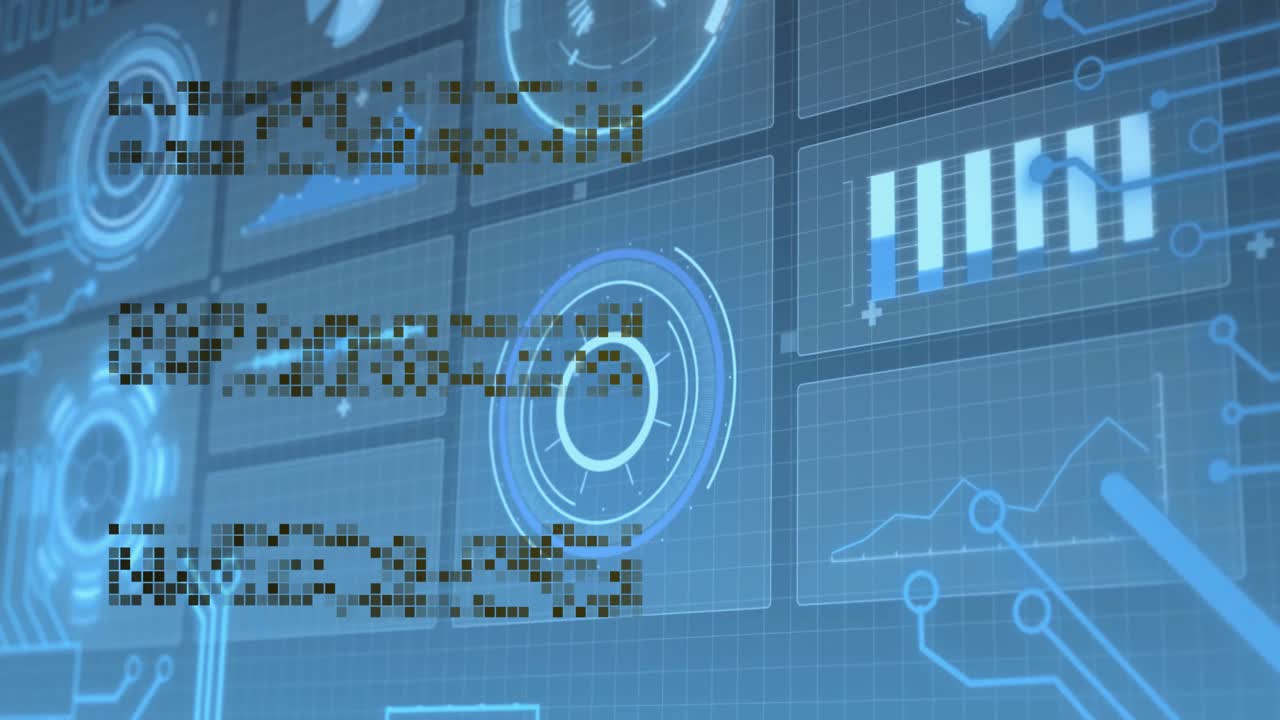 Central circular gauge HUD being visualized over blue grid, showing data clusters and chart panels