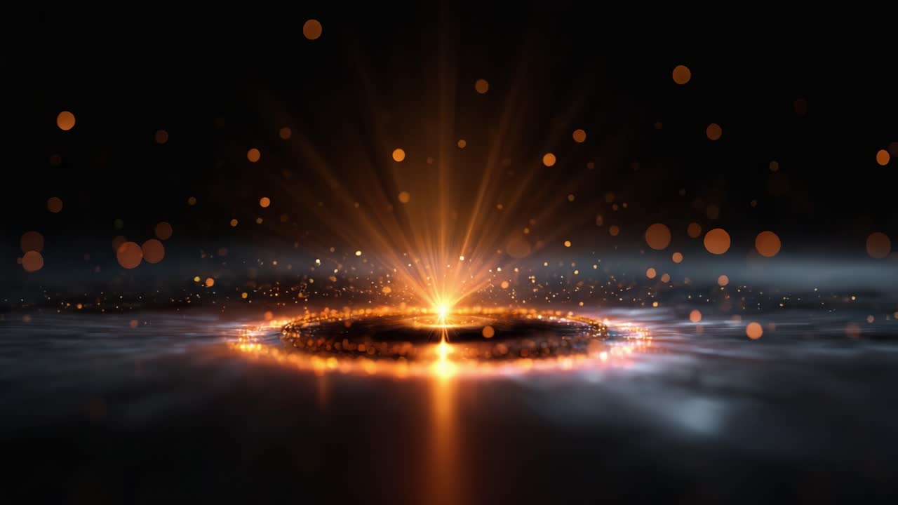 Una rappresentazione ipnotica di luce incandescente e particelle radianti che emanano da un punto centrale, creando un effetto etereo nell'oscurità, migliorando la bellezza visiva