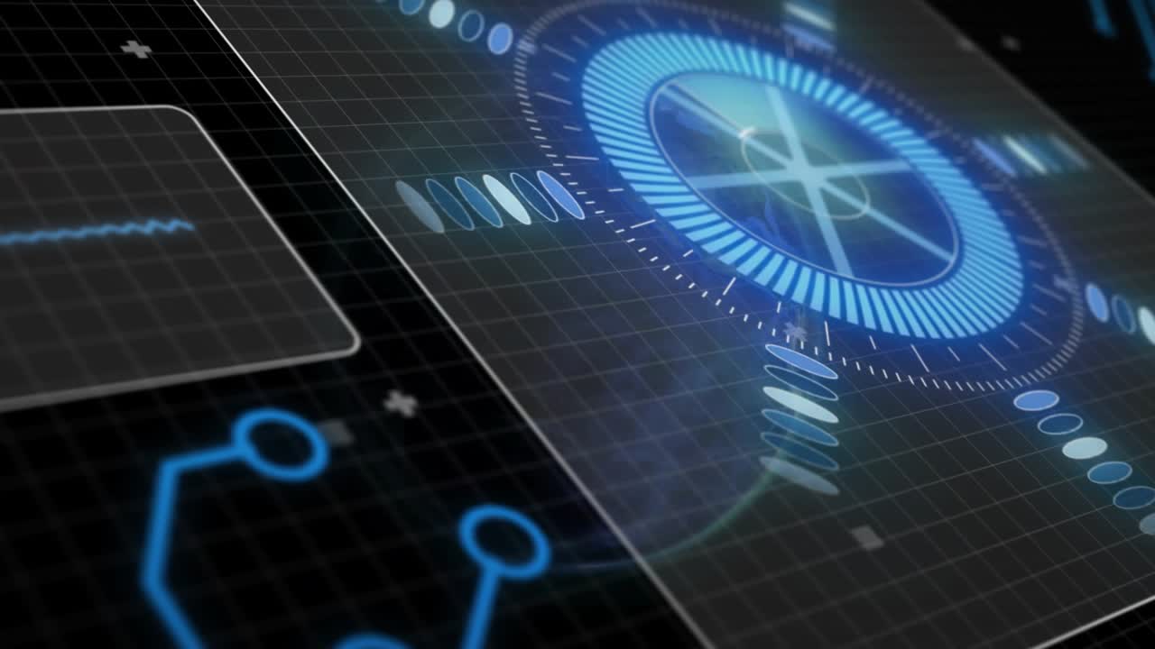 Grid starting waveform panel UI focusing and turning globe rotating HUD rings pulsing visualization