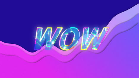 animation of wow text over purple waves on blue background