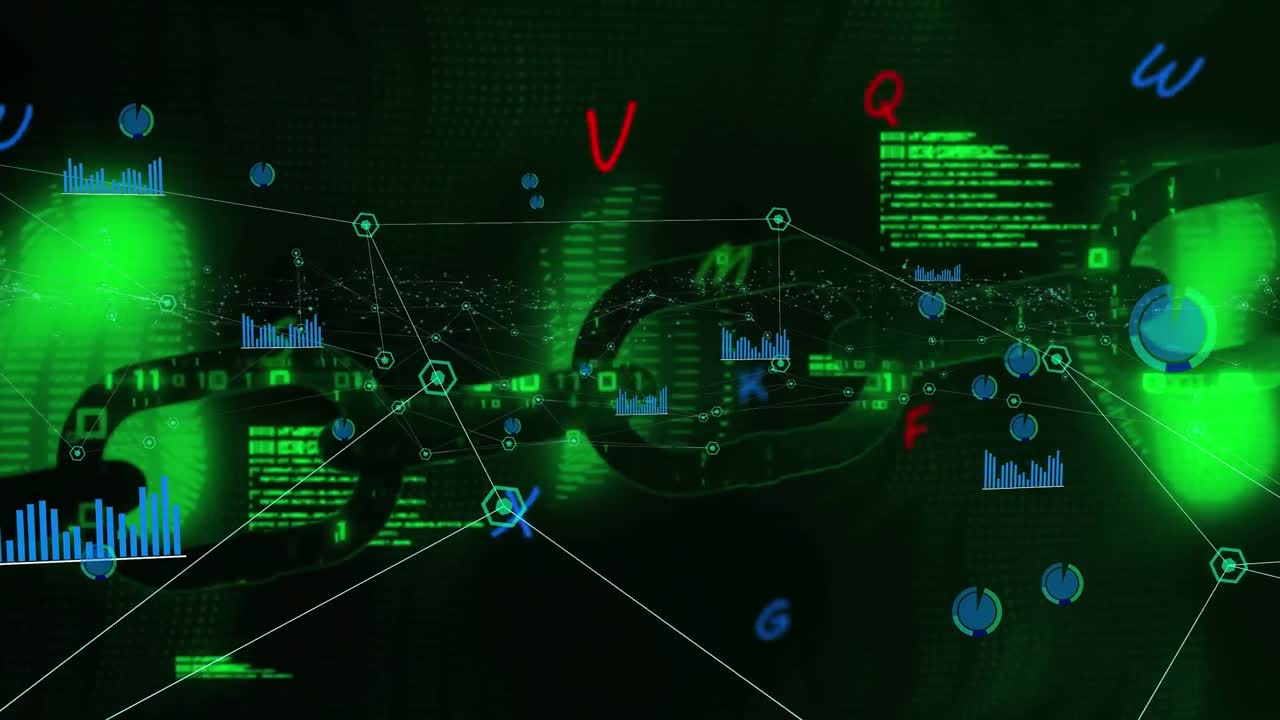 Animation of communication network and processing glowing green data on black background