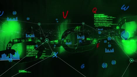 Animation-of-communication-network-and-processing-glowing-green-data-on-black-background