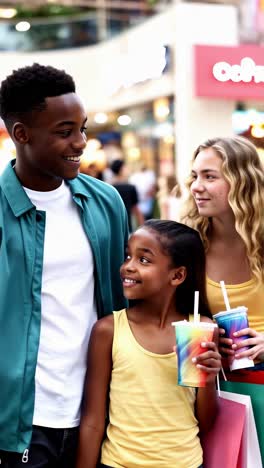 a young man and two young girls are smiling and holding shopping bags