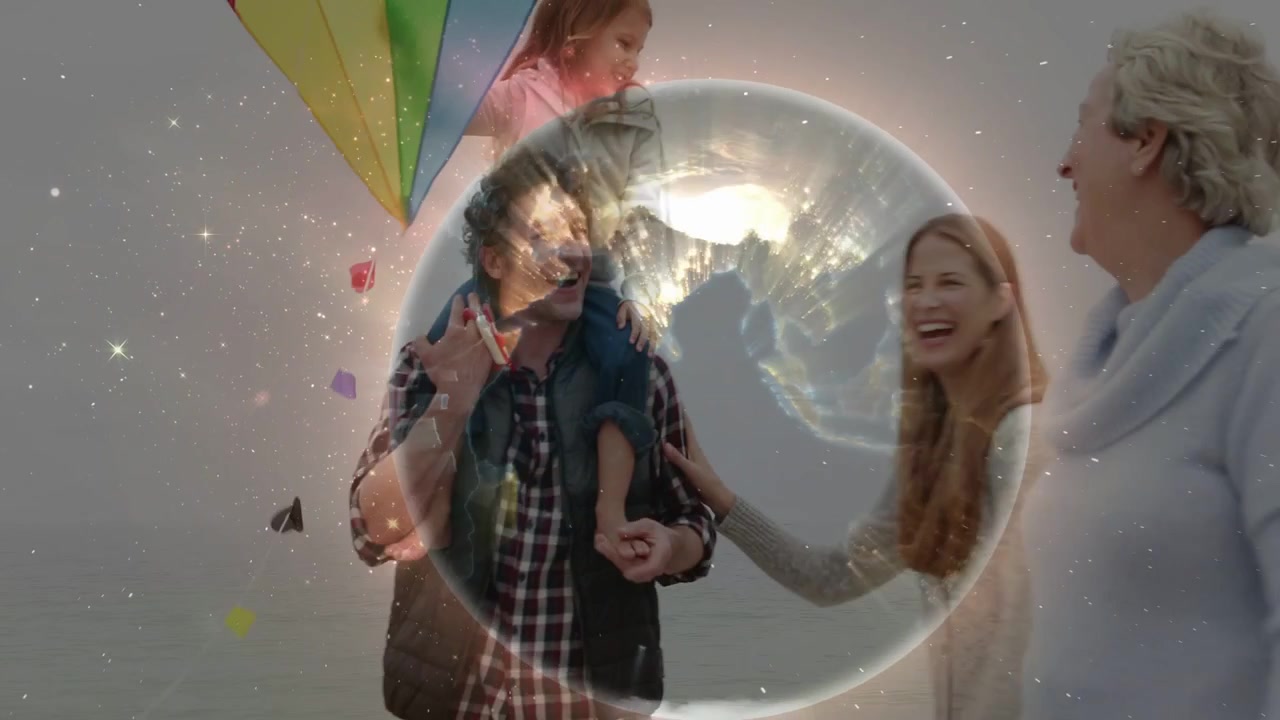 Família caminhando na praia, pai segurando filho, telefone no ouvido, aproximando-se da câmera, gerando anúncio de globo, estrelas e pipa.