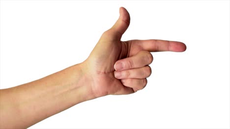 close up shot of a male hand pointing to the right, against a plain white background