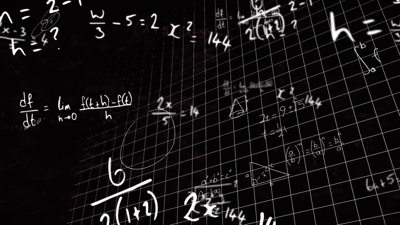 animación de ecuaciones y fórmulas matemáticas flotando sobre la red de cuadrícula contra un fondo negro.