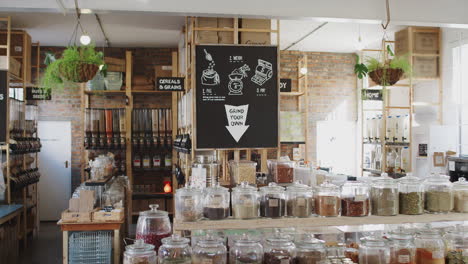 empty interior with displays in sustainable plastic free grocery store