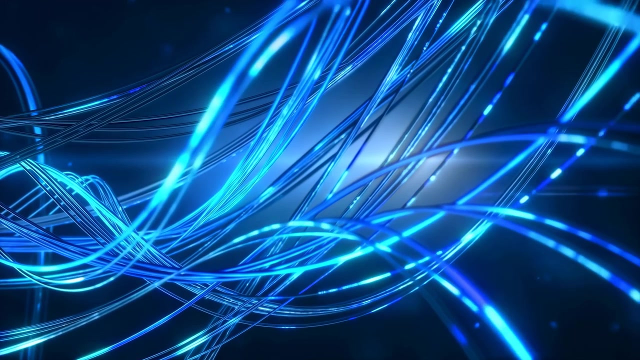 Strisce illuminate ciano e blu che scorrono si curvano su uno sfondo scuro, creando un motivo futuristico dinamico con movimento luminoso, bagliore morbido e linee fluide.