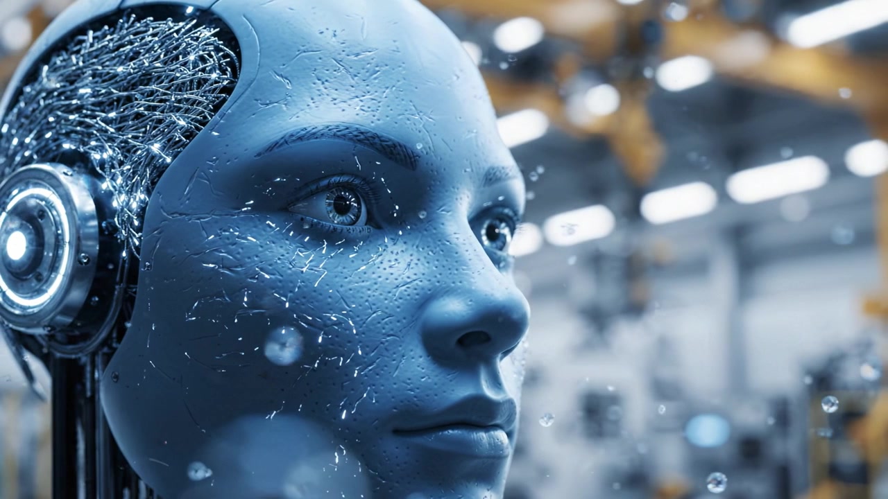 Futuristic Robotic Face Showcasing Advanced Technology and Realistic Textures in a High-Tech Environment with a Focus on the Beauty of Mechanical Design