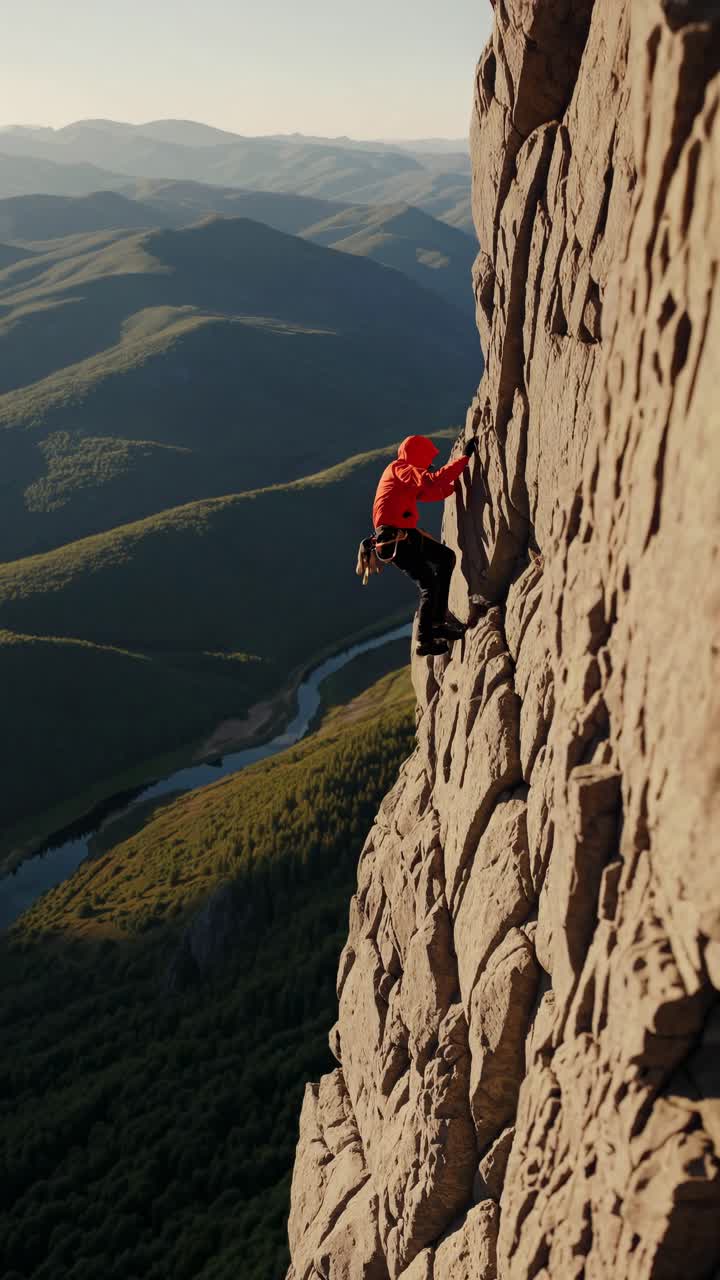 A climber in a red jacket scales a steep rock face. The video captures a dramatic side angle