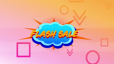 animación de texto de venta flash en letras amarillas sobre burbuja de habla en fondo naranja a rosa