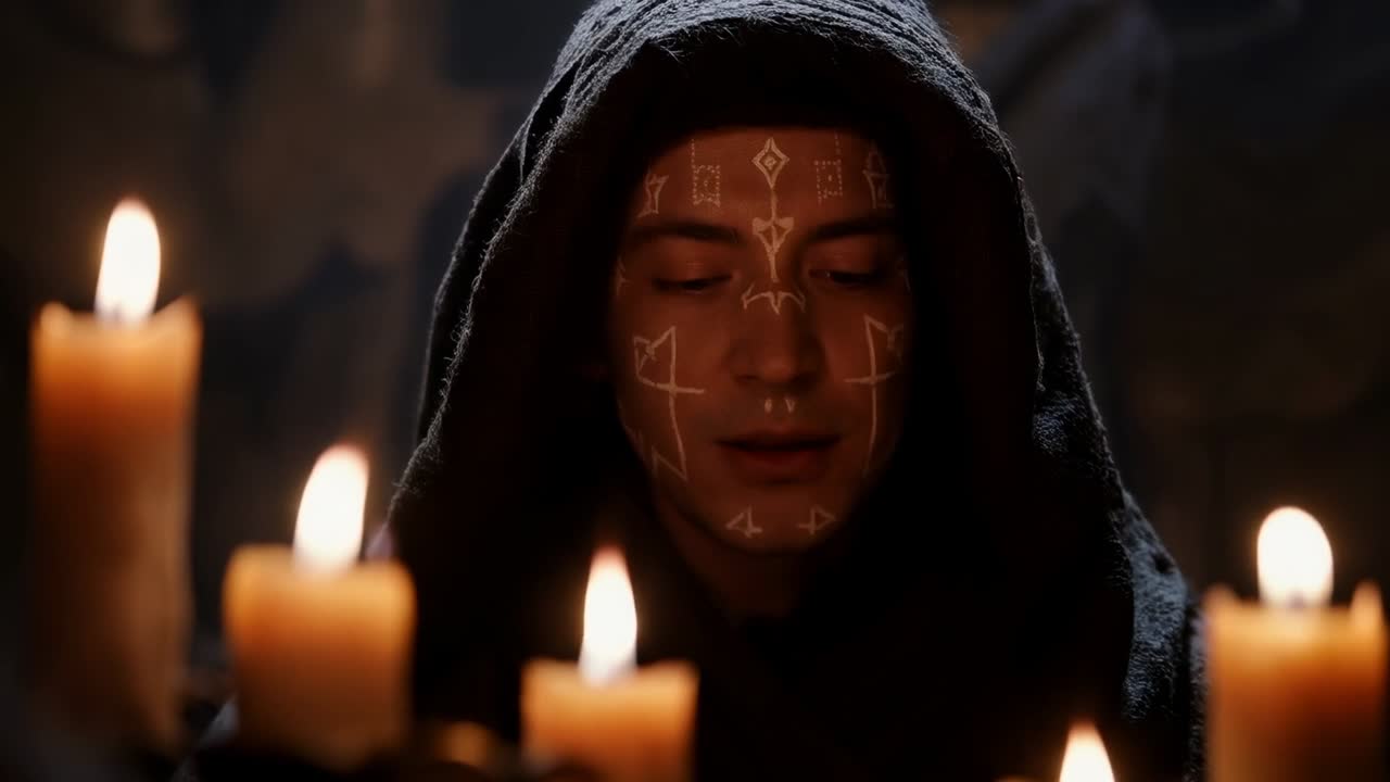 Chanting hooded priest in robe inhaling and leading ritual on marked face by candles in crypt
