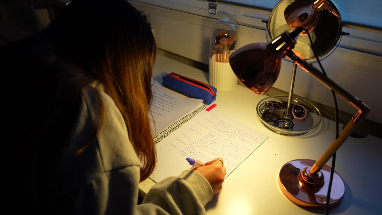 chica estudiando por la noche, escribiendo las notas para las clases