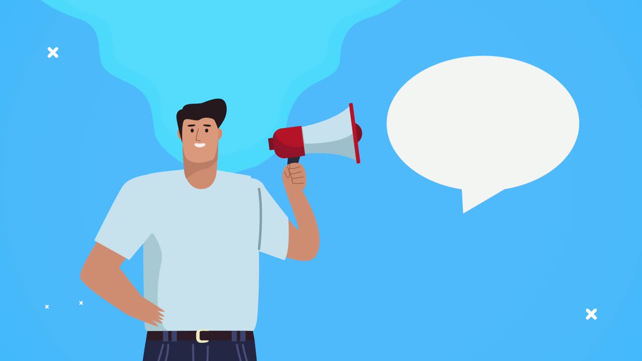 hombre trabajador con megáfono y burbuja de habla