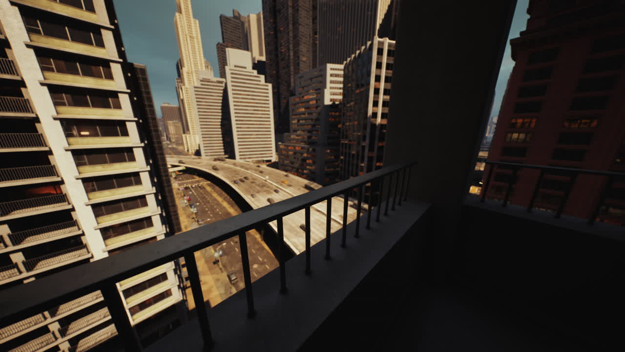 paisaje urbano desde un balcón: edificios de gran altura y vista de la carretera