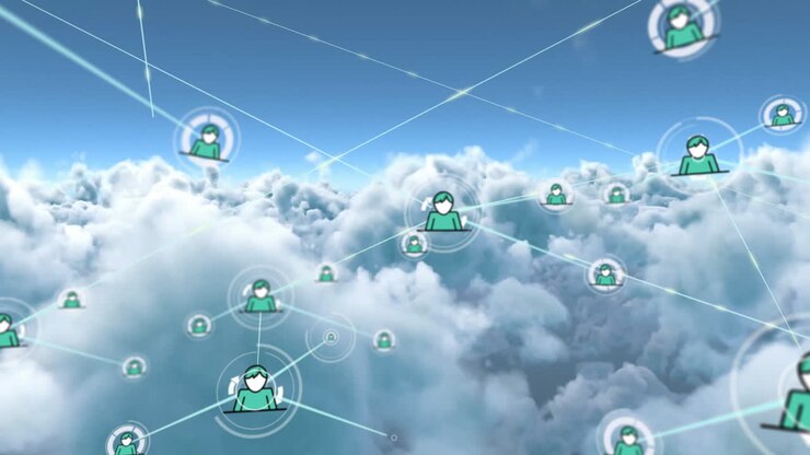 Animation of network of connections with people icons over clouds
