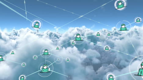 animation of network of connections with people icons over clouds