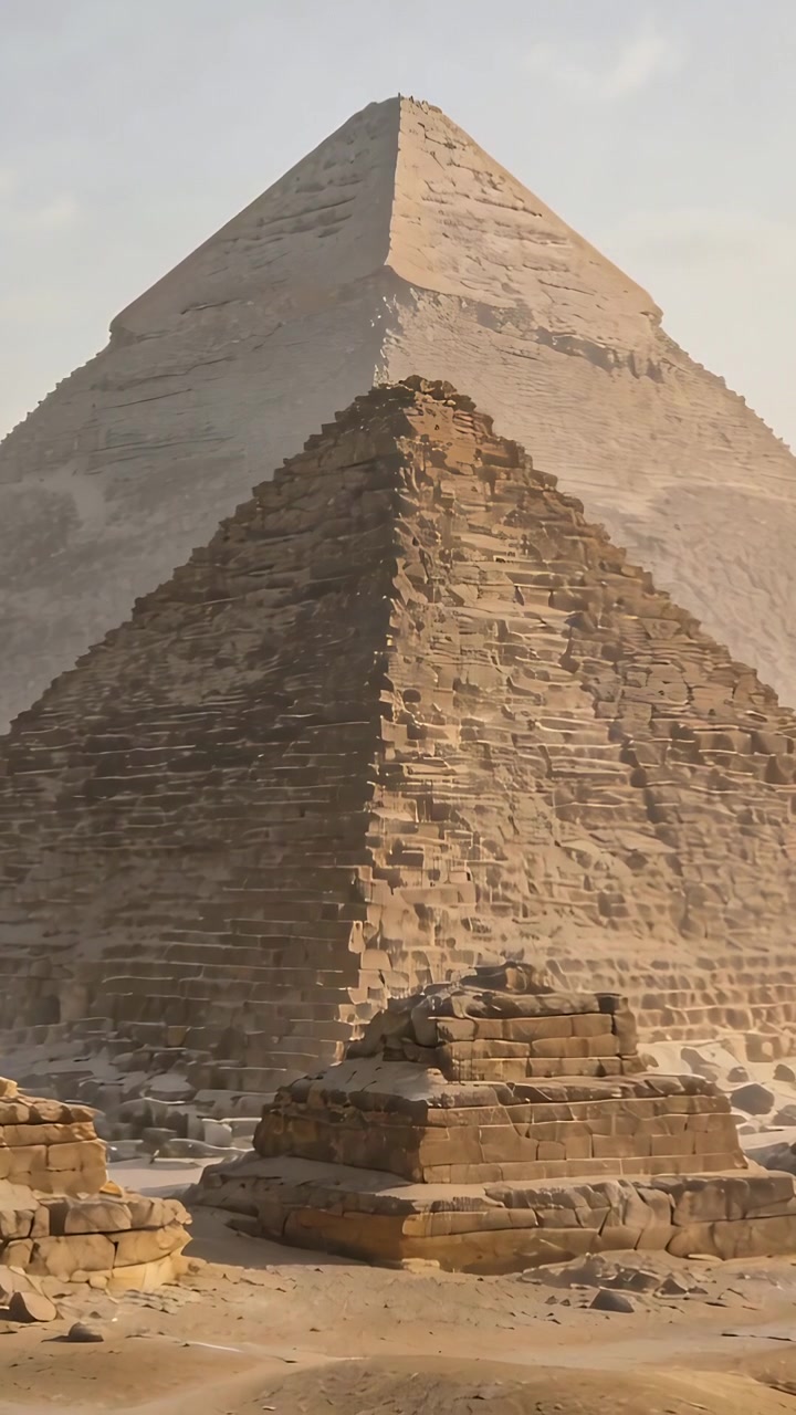 Vertikální video: Panoramatická kamera odhaluje stupňovité a hladké pyramidy na písku, ukazující měřítko.